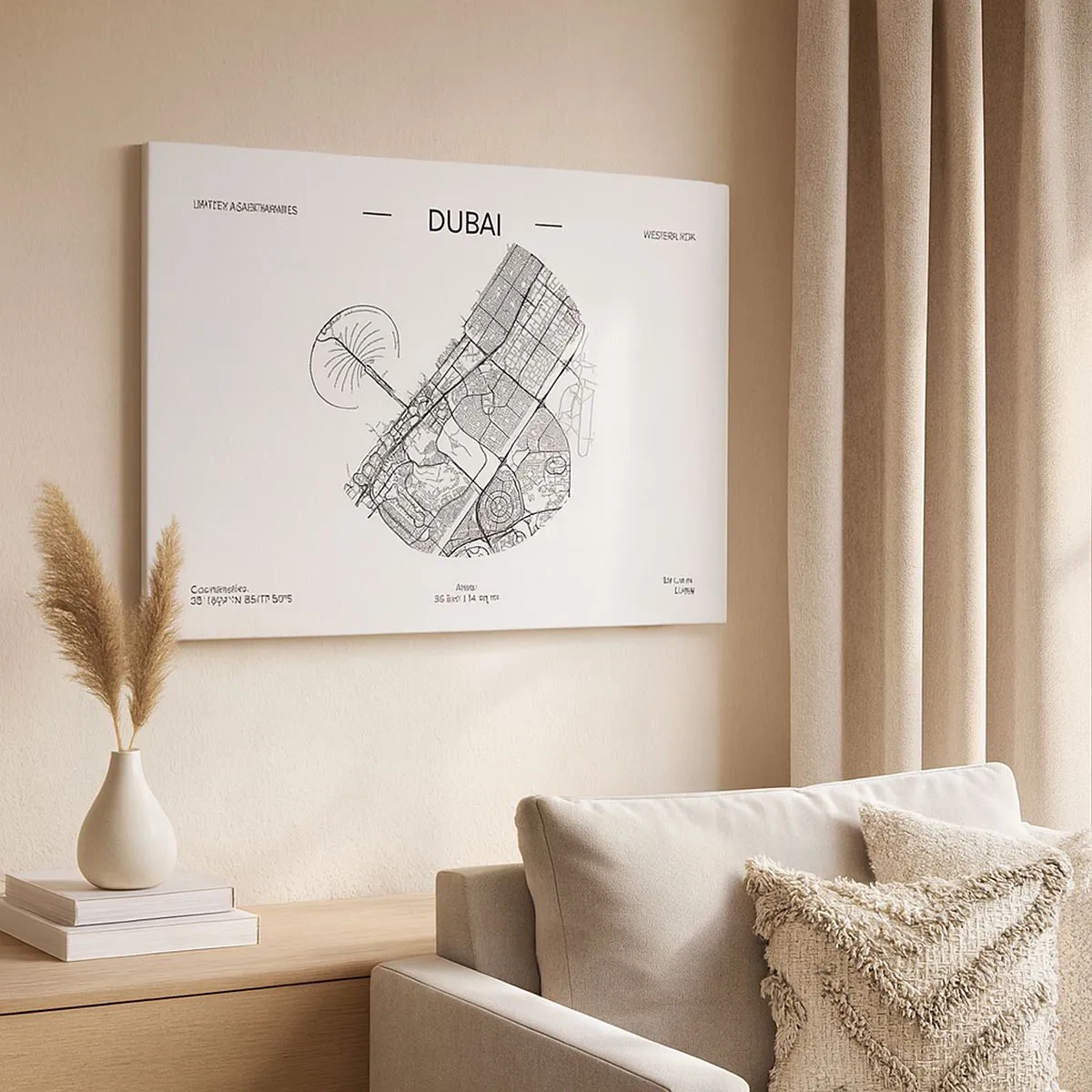 Tablou pe pânză Canvas - O hartă minimalistă alb-negru a Dubaiului, cu marcaje de locație. - 70x50cm - Anatomia Dubaiului - Decorațiune modernă pentru perete pentru living și dormitor ARTTOR