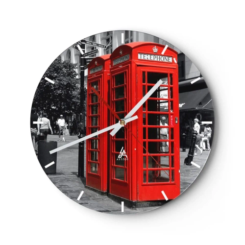 Ceas de perete - Ceas pe sticlă - Cabine telefonice roșii pe fundalul orașului - 30x30cm - Cabine telefonice roșii - Decorațiune modernă pentru perete pentru living, bucătărie și dormitor ARTTOR