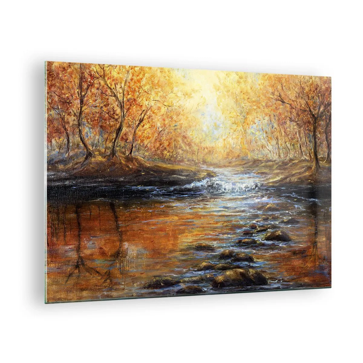 Tablou pe sticlă - Un pârâu auriu în pădure, înconjurat de copaci de toamnă - 70x50cm - Pârâul de aur - Decorațiune modernă pentru perete pentru living și dormitor ARTTOR