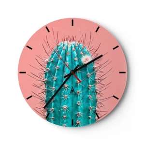 Ceas de perete - Ceas pe sticlă - Prim-plan al unui cactus turcoaz pe un fundal roz - 30x30cm - Doar privește - Decorațiune modernă pentru perete pentru living, bucătărie și dormitor ARTTOR