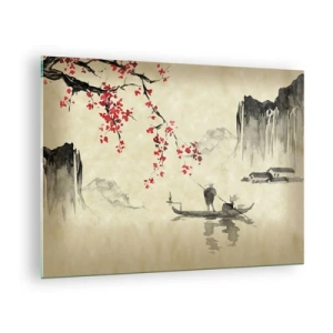 Tablou pe sticlă - Scenă de pescuit orientală cu ramură de floare de cireș și munți - 70x50cm - În țara florilor de cireș - Decorațiune modernă pentru perete pentru living și dormitor ARTTOR