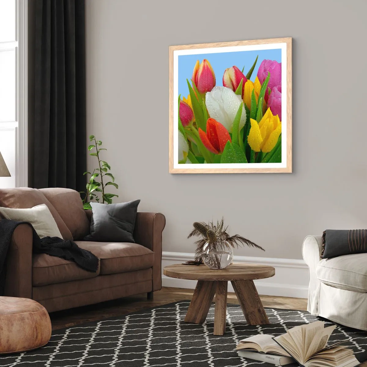 Poster în ramă de stejar deschis - Un curcubeu floral în picături de rouă - 60x60 cm