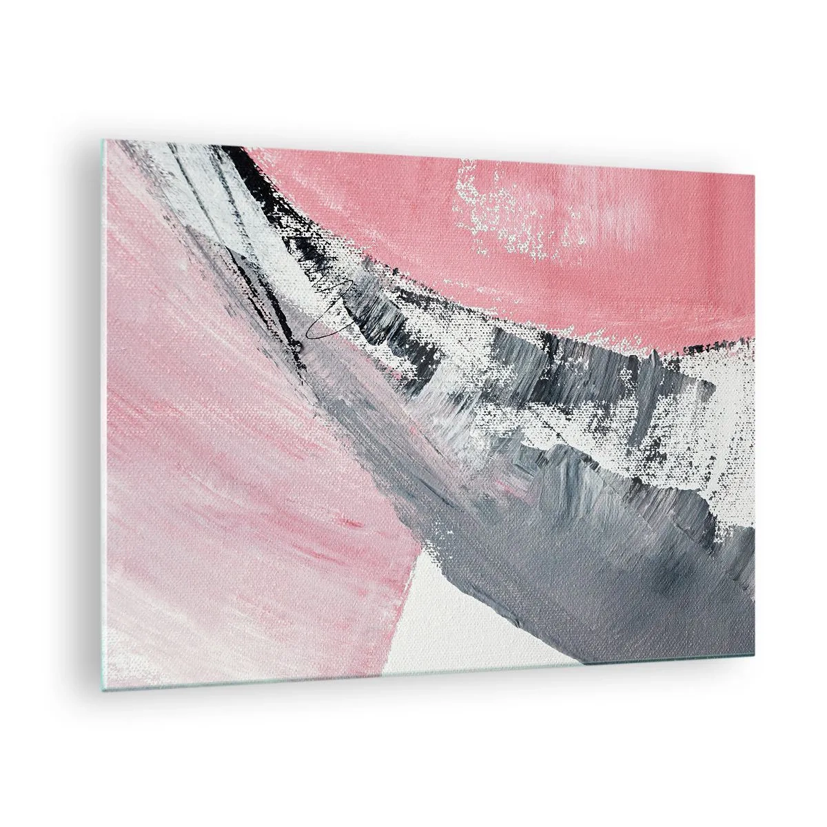 Tablou pe sticlă - Abstracție modernă în roz, alb și gri cu textură de pensulă - 70x50cm - Compoziție adaptată - Decorațiune modernă pentru perete pentru living și dormitor ARTTOR