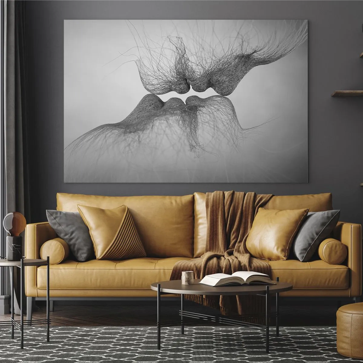 Tablou pe sticlă - Sărut abstract în alb și negru - 70x50cm - Sărutul vântului - Decorațiune modernă pentru perete pentru living și dormitor ARTTOR