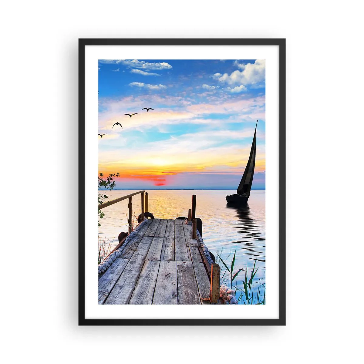 Poster în ramă neagră - Digul de pe malul lacului la apus - 50x70cm - Bună seara - Decorațiune modernă pentru perete pentru living și dormitor ARTTOR