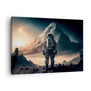 Tablou pe pânză Canvas - Astronautul pe fundalul unor munți maiestuoși - 70x50cm - O nouă provocare - Decorațiune modernă pentru perete pentru living și dormitor ARTTOR