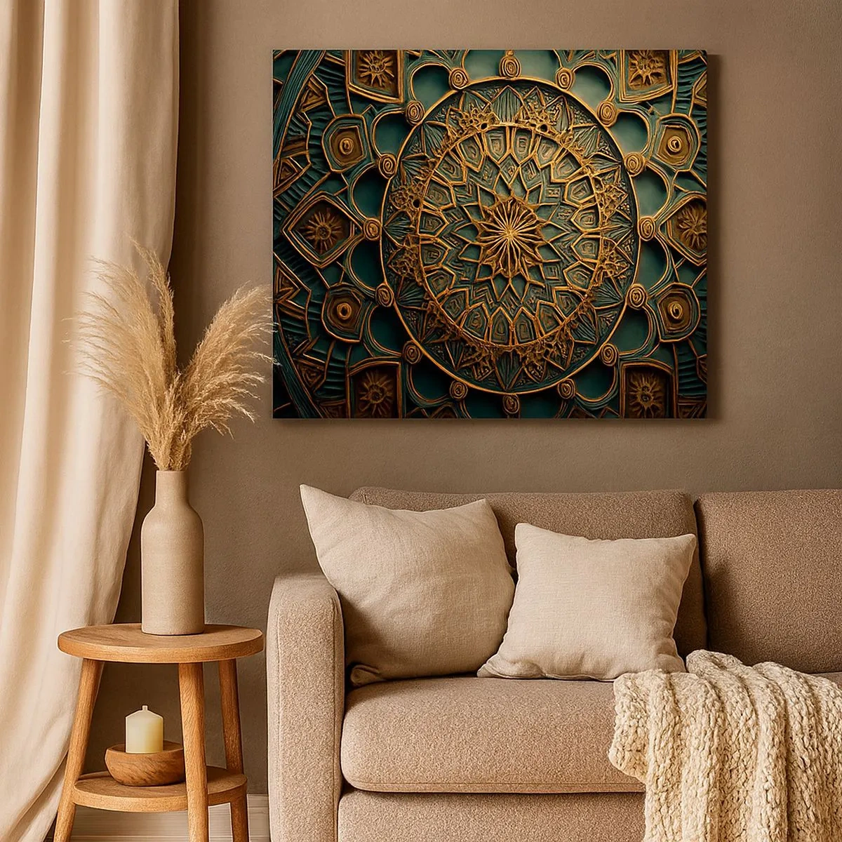 Tablou pe pânză Canvas - O mandală aurie pe un fundal turcoaz cu detalii bogate. - 70x50cm - În stil arabic - Decorațiune modernă pentru perete pentru living și dormitor ARTTOR