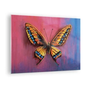Tablou pe sticlă - Un fluture colorat pe un fundal în nuanțe de roz și violet - 70x50cm - O bijuterie a naturii - Decorațiune modernă pentru perete pentru living și dormitor ARTTOR