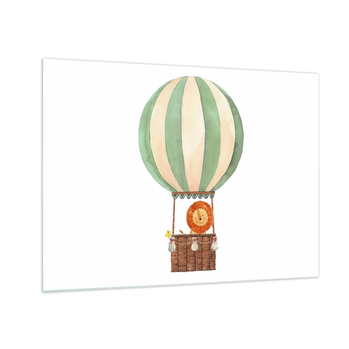 Tablou pe sticlă - Un leu într-un coș de baloane plutind pe un fundal alb - 70x50cm - Călătoriile lui Leon - Decorațiune modernă pentru perete pentru living și dormitor ARTTOR