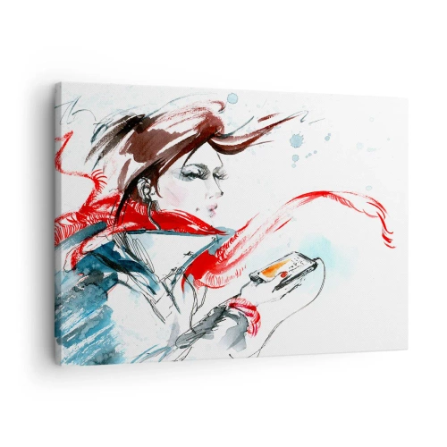 Tablou pe pânză Canvas - O femeie într-o eșarfă roșie cu tușe dinamice de acuarelă - 70x50cm - Ceva cântă în mine - Decorațiune modernă pentru perete pentru living și dormitor ARTTOR
