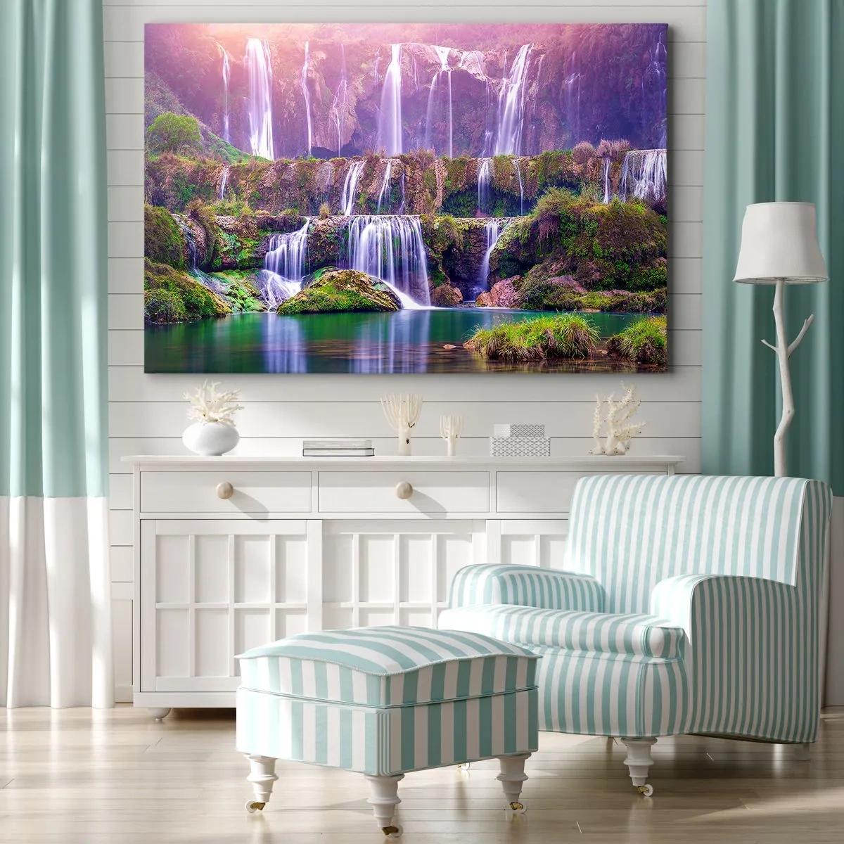Tablou pe pânză Canvas - Cascade înconjurate de verdeață, cu iluminare pastelată - 70x50cm - Scara către cer - Decorațiune modernă pentru perete pentru living și dormitor ARTTOR