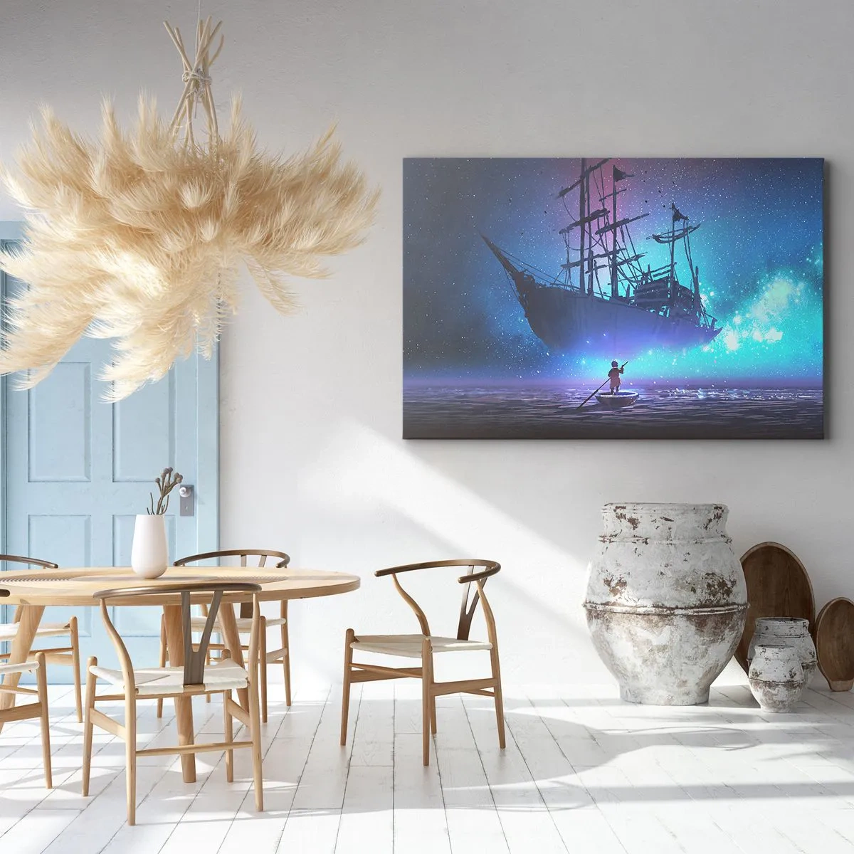 Tablou pe pânză Canvas - navă fantastică pe fundalul cerului înstelat - 70x50cm - Întâlnirea cu mitul mării - Decorațiune modernă pentru perete pentru living și dormitor ARTTOR