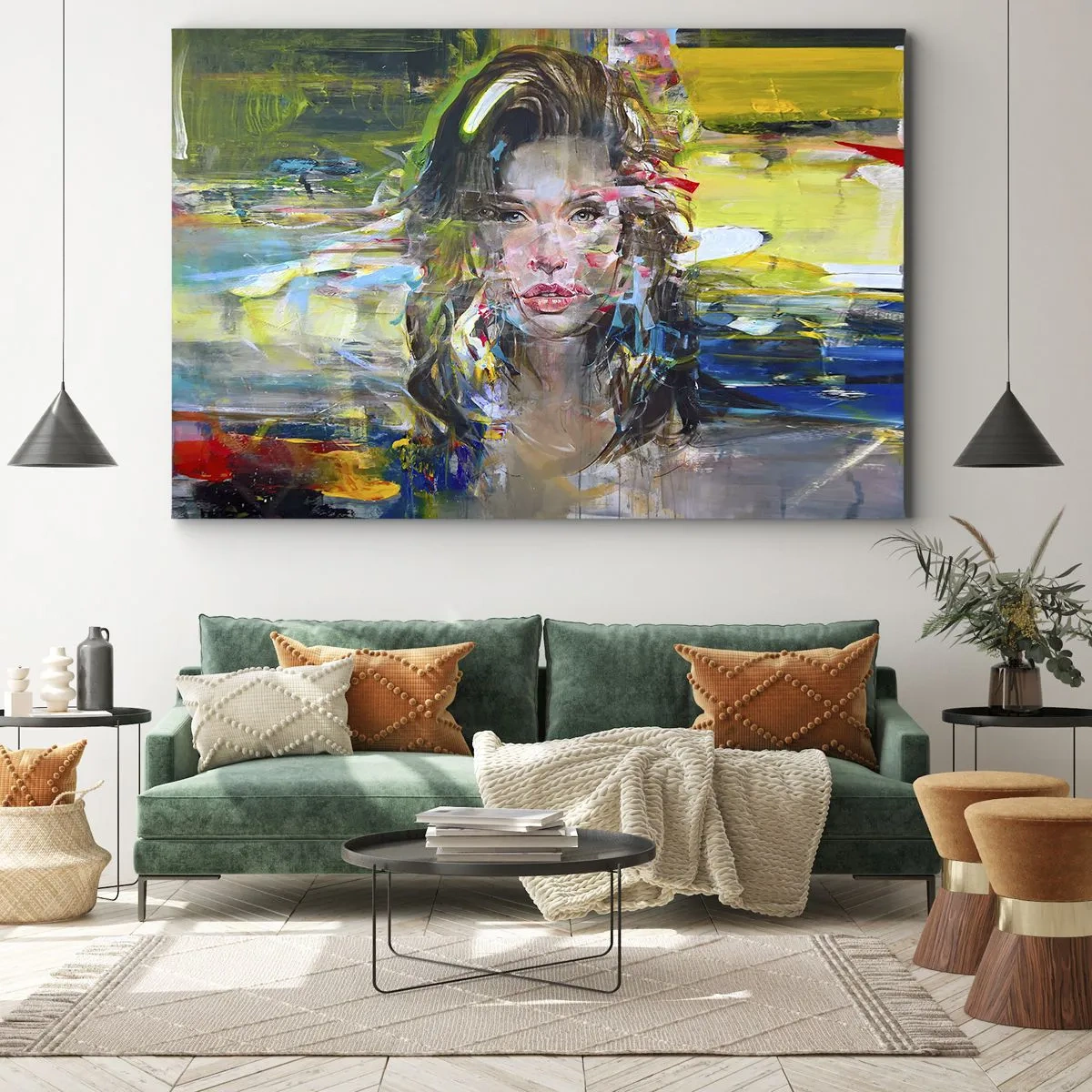 Tablou pe pânză Canvas - Portret abstract al unei femei în culori intense - 70x50cm - În spatele cortinei de aer - Decorațiune modernă pentru perete pentru living și dormitor ARTTOR