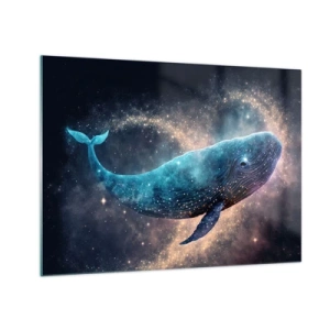 Tablou pe sticlă - Balenă albastră plutind în galaxie - 70x50cm - Există o lume... - Decorațiune modernă pentru perete pentru living și dormitor ARTTOR