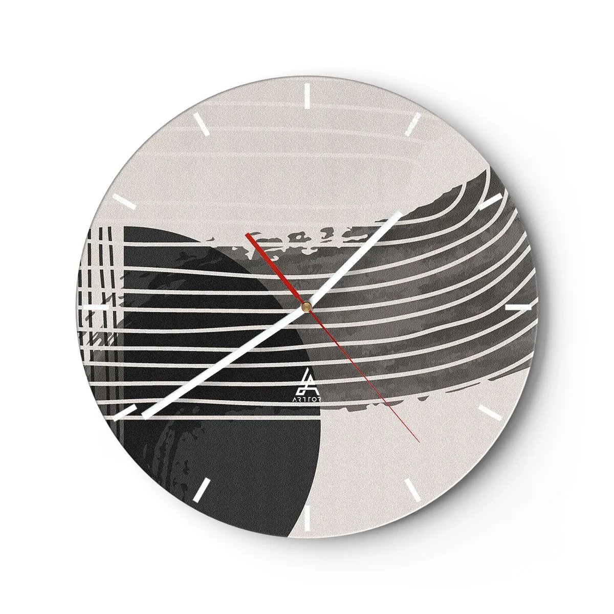 Ceas de perete - Ceas pe sticlă - Compoziție geometrică cu linii și semicercuri în nuanțe de gri. - 30x30cm - Până acolo și înapoi - Decorațiune modernă pentru perete pentru living, bucătărie și dormitor ARTTOR