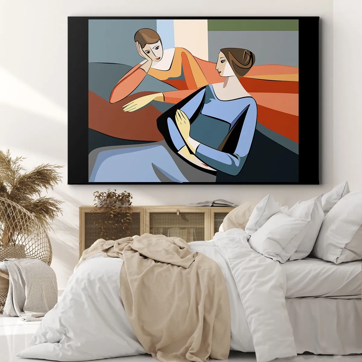 Tablou pe pânză Canvas - Ilustrație abstractă a două femei în stil cubist - 70x50cm - Un moment de confidențe - Decorațiune modernă pentru perete pentru living și dormitor ARTTOR