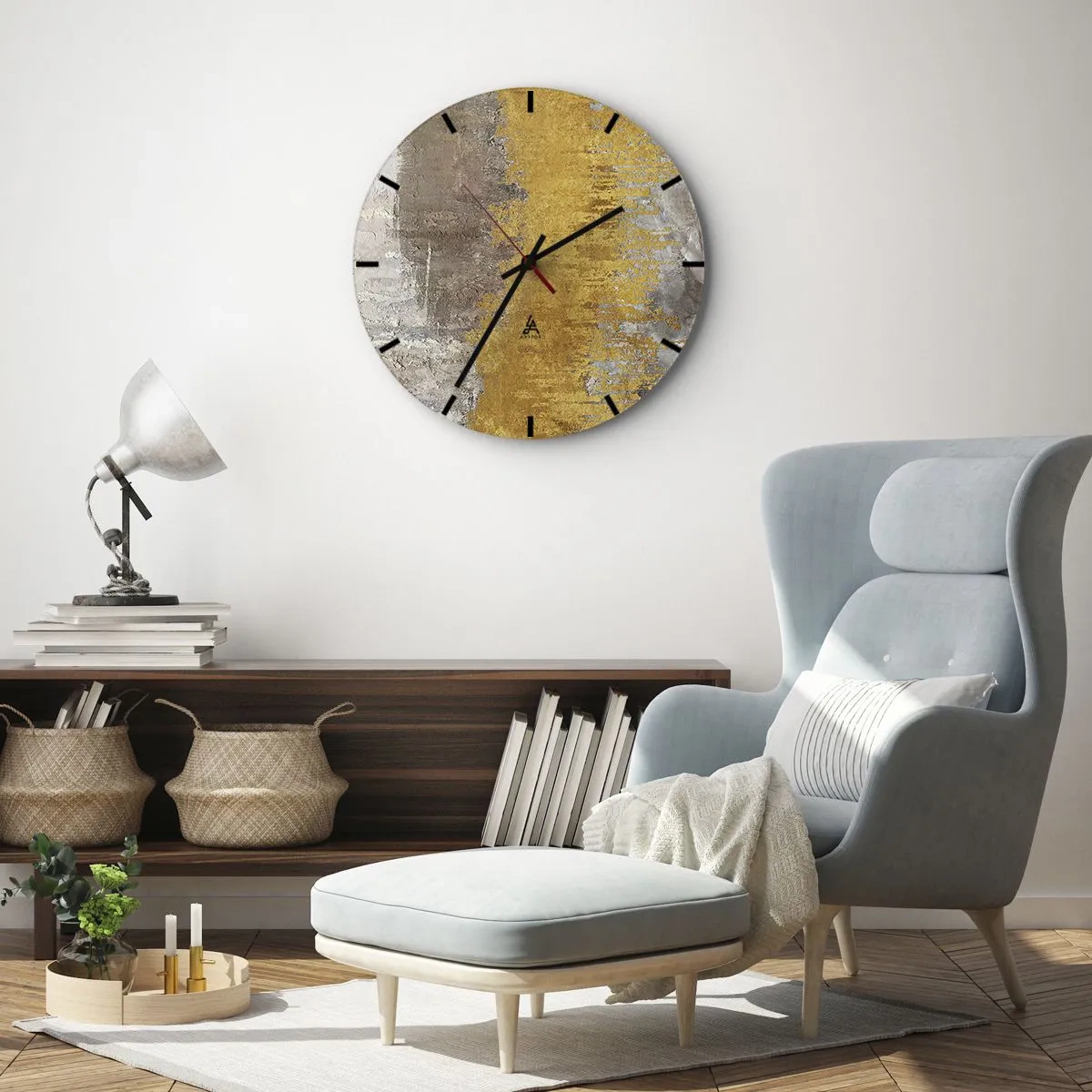 Ceas de perete - Ceas pe sticlă - Textură gri-aurie într-un stil abstract - 30x30cm - O suflare de aur - Decorațiune modernă pentru perete pentru living, bucătărie și dormitor ARTTOR