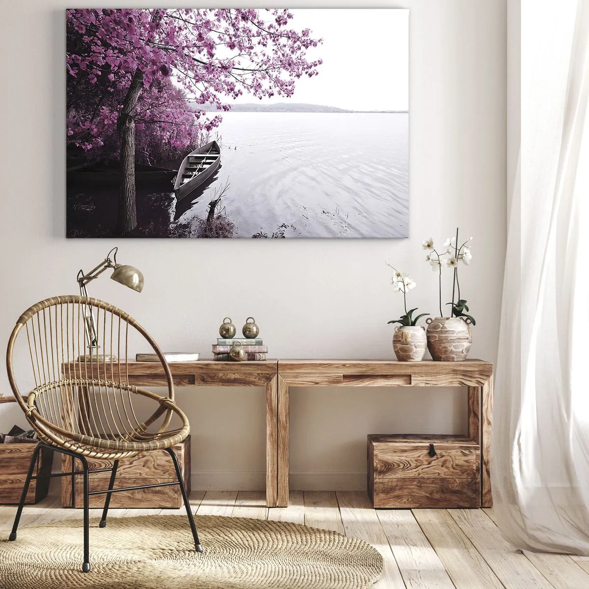 Tablou pe pânză Canvas - O barcă pe malul unui lac printre copaci roz - 70x50cm - În tăcerea roz - Decorațiune modernă pentru perete pentru living și dormitor ARTTOR