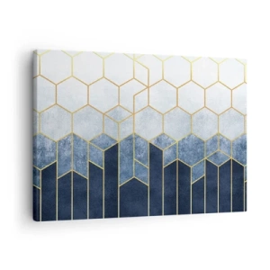 Tablou pe pânză Canvas - Model geometric în nuanțe de auriu și albastru marin - 70x50cm - Compoziție în ritm sincopat - Decorațiune modernă pentru perete pentru living și dormitor ARTTOR
