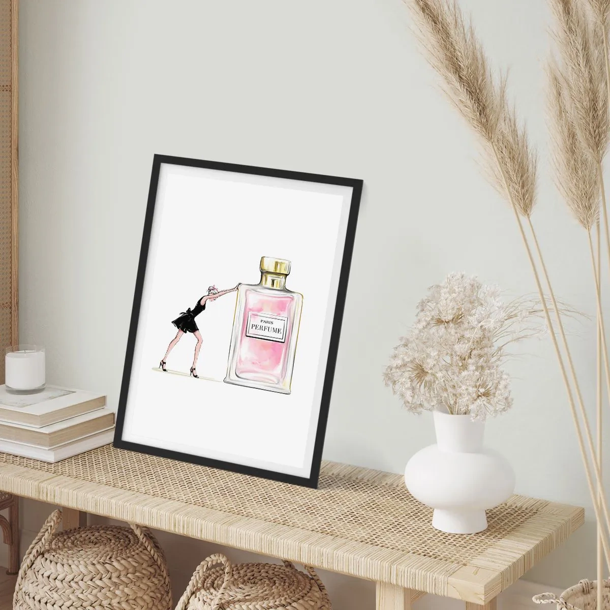 Poster în ramă neagră - Ilustrație a unei sticle de parfum cu silueta unei femei într-o rochie - 50x70cm - Esența feminității - Decorațiune modernă pentru perete pentru living și dormitor ARTTOR