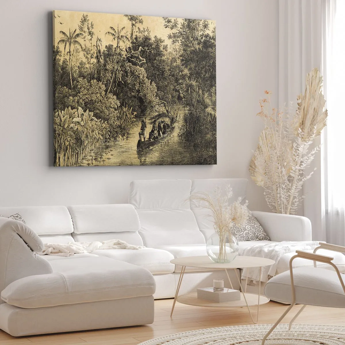 Tablou pe pânză Canvas - Desen al unei jungle cu o barcă pe un râu - 70x50cm - Călătorie la sursă - Decorațiune modernă pentru perete pentru living și dormitor ARTTOR