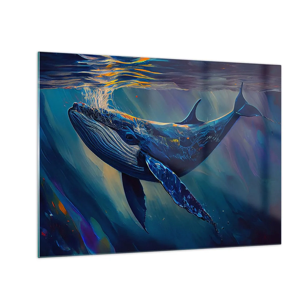 Tablou pe sticlă - O balenă plutind sub apă în lumina soarelui - 70x50cm - Bun venit în lumea mea - Decorațiune modernă pentru perete pentru living și dormitor ARTTOR