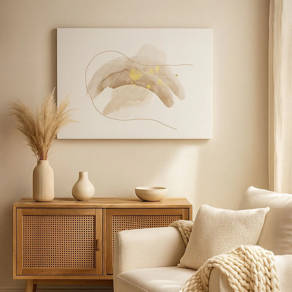 Tablou pe pânză Canvas - O compoziție abstractă în nuanțe de bej și auriu. - 70x50cm - Întâlnite în spațiu - Decorațiune modernă pentru perete pentru living și dormitor ARTTOR