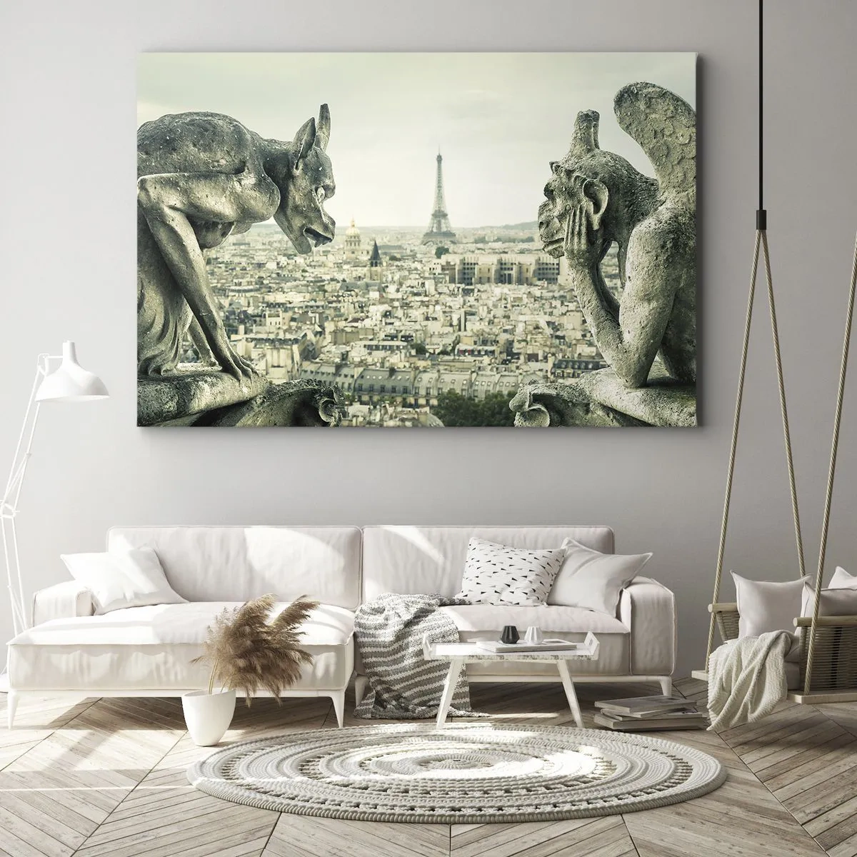 Tablou pe pânză Canvas - Garguie cu vedere la orizontul Parisului și la Turnul Eiffel - 70x50cm - La taclale pariziene - Decorațiune modernă pentru perete pentru living și dormitor ARTTOR