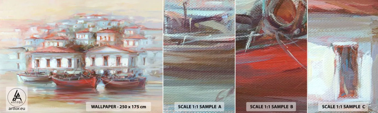 Mostră de Tapet Standard Eco - Orășel fericit - Arhitectură, Barcă cu pânze, Port - 100x30 cm