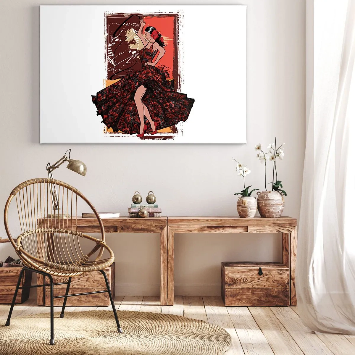 Tablou pe pânză Canvas - O dansatoare într-o rochie roșie și neagră pe un fundal artistic - 70x50cm - În ritmul inimii - Decorațiune modernă pentru perete pentru living și dormitor ARTTOR
