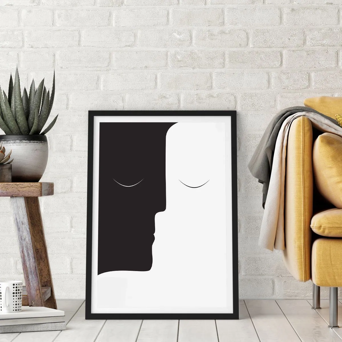 Poster în ramă neagră - O grafică minimalistă a două fețe în alb și negru, creând o unitate. - 50x70cm - Unitatea contrariilor - Decorațiune modernă pentru perete pentru living și dormitor ARTTOR