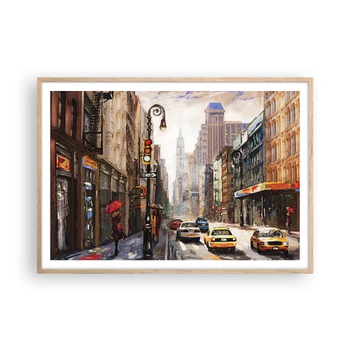 Poster în ramă de stejar deschis - New York - plin de culoare și în ploaie - 100x70 cm