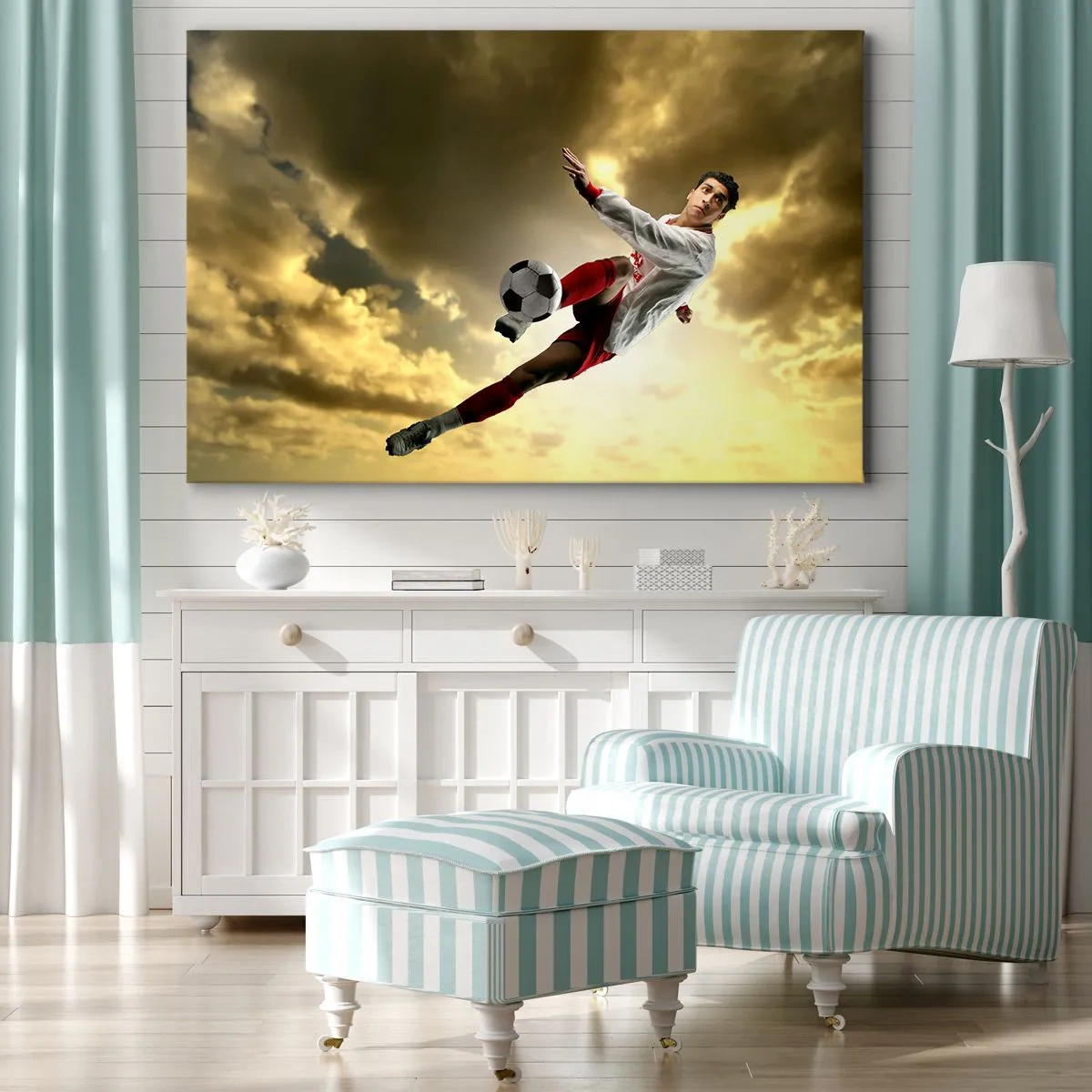 Tablou pe pânză Canvas - Un jucător de fotbal într-o săritură dinamică lovind mingea spre cer - 70x50cm - Cerul fotbalului - Decorațiune modernă pentru perete pentru living și dormitor ARTTOR