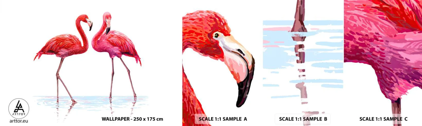 Mostră tapet autocolant Deluxe Sticker - Pink randez-vous - Flamingos, Păsări, Bucată - 100x30 cm