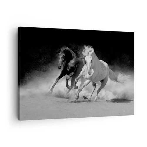 Tablou pe pânză Canvas - Cai alergând în alb și negru - 70x50cm - Galopul libertății - Decorațiune modernă pentru perete pentru living și dormitor ARTTOR