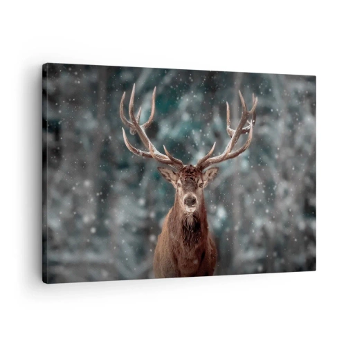 Tablou pe pânză Canvas - Cerb într-o pădure de iarnă cu zăpadă - 70x50cm - Regele pădurii a fost încoronat - Decorațiune modernă pentru perete pentru living și dormitor ARTTOR