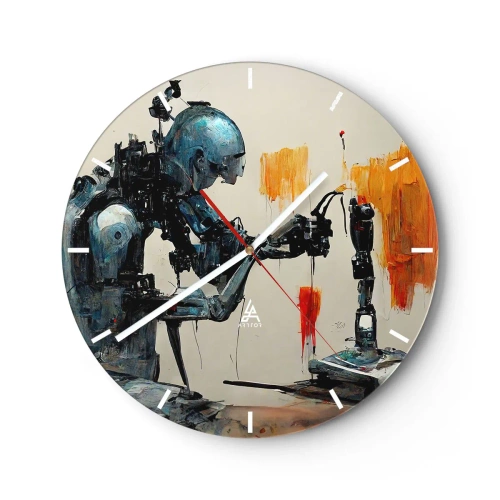 Ceas de perete - Ceas pe sticlă - Robot umanoid care asamblează un membru artificial - 30x30cm - Vine ziua de mâine..... - Decorațiune modernă pentru perete pentru living, bucătărie și dormitor ARTTOR