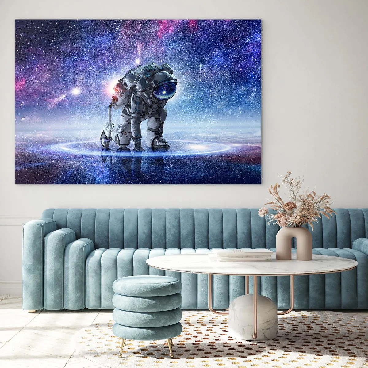 Tablou pe sticlă - Astronaut în spațiu pe fundalul cerului înstelat - 70x50cm - Cerul înstelat de deasupra mea - Decorațiune modernă pentru perete pentru living și dormitor ARTTOR