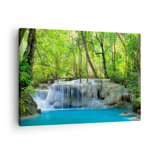 Tablou pe pânză Canvas - O cascadă printre copaci verzi cu apă albastră într-un cadru natural - 70x50cm - Scufundat în turcoaz și verde - Decorațiune modernă pentru perete pentru living și dormitor ARTTOR