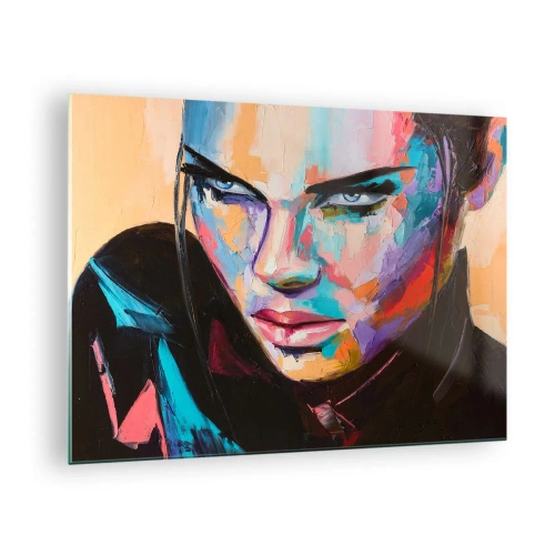 Tablou pe sticlă - Portret de femeie în culori vibrante pe un fundal abstract - 70x50cm - Sălbăticia inimii - Decorațiune modernă pentru perete pentru living și dormitor ARTTOR