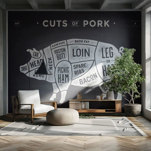 Tapet Autoadeziv Deluxe Sticker - Abecedar de măcelar - Gastronomie, Animal Porc, Porc - 250x175 cm