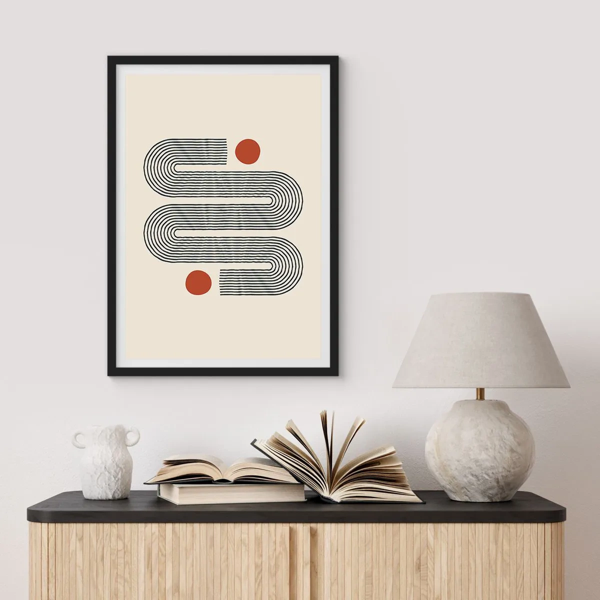 Poster în ramă neagră - Model geometric cu linii și cercuri roșii - 50x70cm - De la început până la sfârșit - Decorațiune modernă pentru perete pentru living și dormitor ARTTOR
