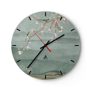 Ceas de perete - Ceas pe sticlă - O creangă cu flori și păsări pe un fundal de dealuri verzi - 30x30cm - Primăvara, ah, tu ești - Decorațiune modernă pentru perete pentru living, bucătărie și dormitor ARTTOR