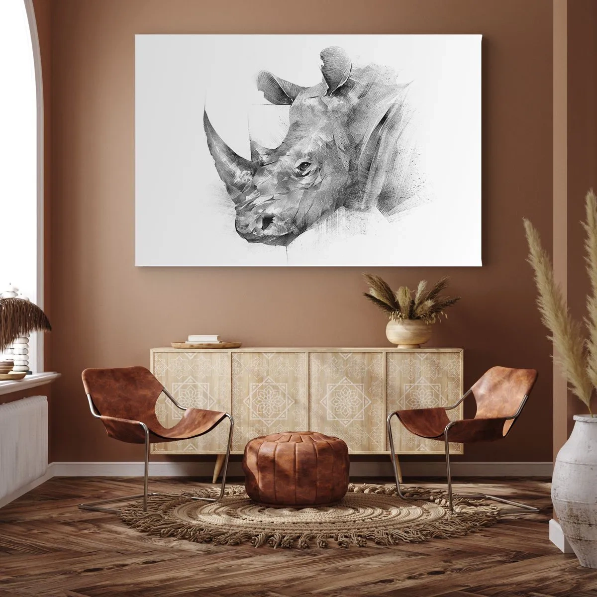 Tablou pe pânză Canvas - Portret artistic al unui rinocer în alb și negru - 70x50cm - Portret african - Decorațiune modernă pentru perete pentru living și dormitor ARTTOR