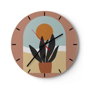 Ceas de perete - Ceas pe sticlă - O plantă minimalistă în ghiveci pe fundalul soarelui - 30x30cm - Bucurii mici - Decorațiune modernă pentru perete pentru living, bucătărie și dormitor ARTTOR