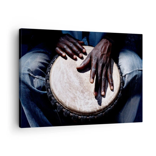 Tablou pe pânză Canvas - Mâini cântând la o tobă djembe într-o compoziție dinamică - 70x50cm - Trăiește în ritmul tău - Decorațiune modernă pentru perete pentru living și dormitor ARTTOR