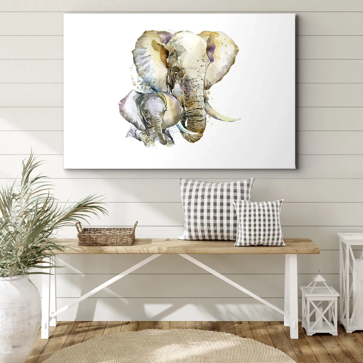 Tablou pe pânză Canvas - Elefanți în acuarelă în culori subtile - 70x50cm - Ca la mama - Decorațiune modernă pentru perete pentru living și dormitor ARTTOR