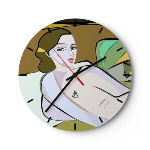 Ceas de perete - Ceas pe sticlă - O figură feminină în stil cubist pe un fundal abstract - 30x30cm - Portret intim - Decorațiune modernă pentru perete pentru living, bucătărie și dormitor ARTTOR