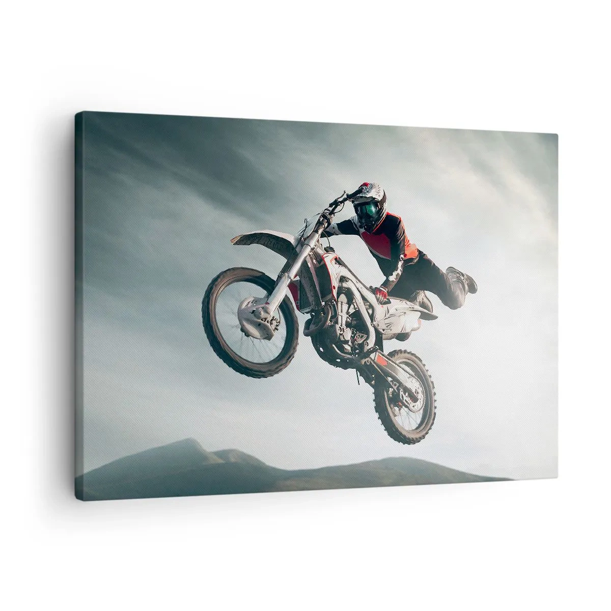 Tablou pe pânză Canvas - Motociclist în aer în timpul unei sărituri - 70x50cm - Nu există distracție fără risc - Decorațiune modernă pentru perete pentru living și dormitor ARTTOR