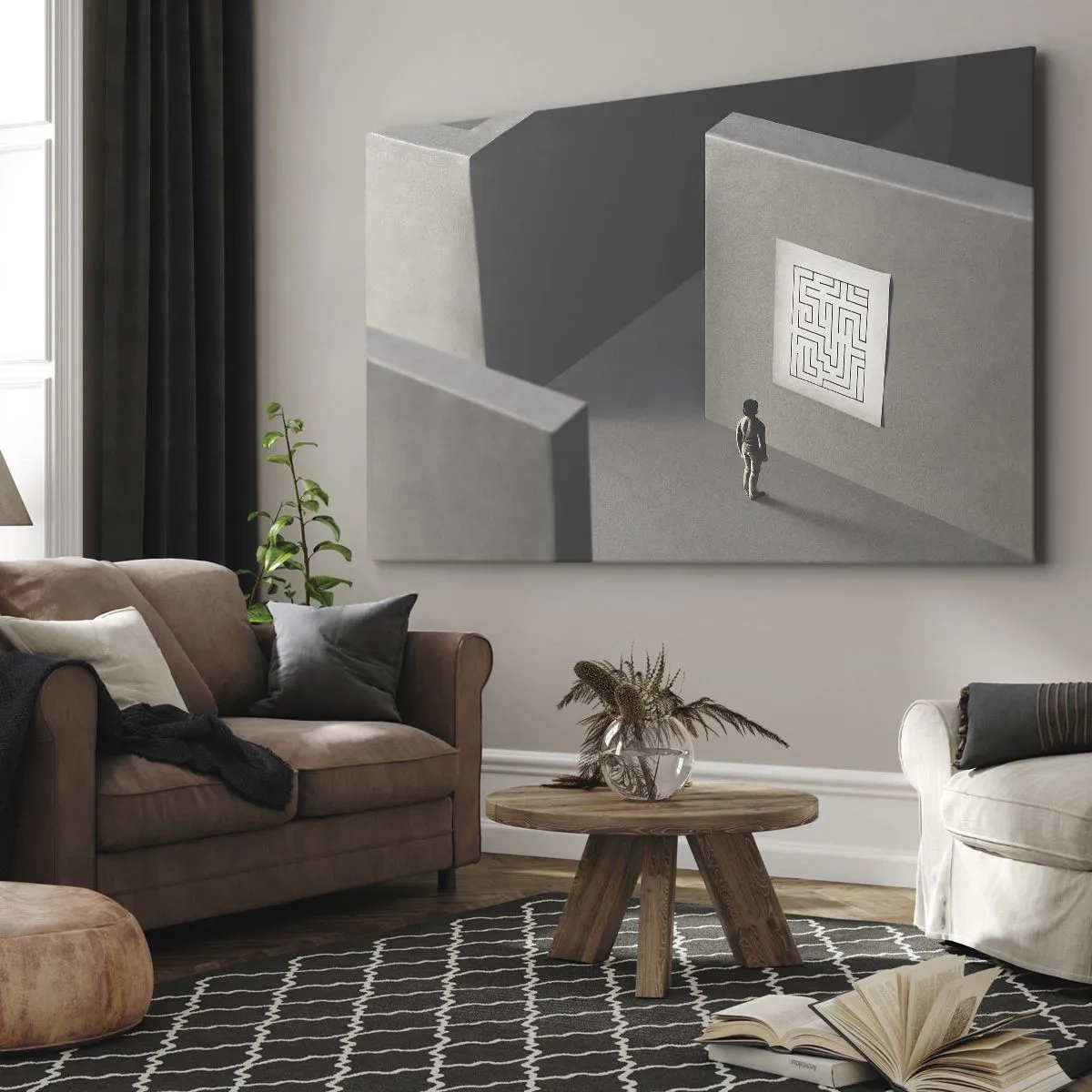 Tablou pe pânză Canvas - O figură într-un labirint care se uită la o hartă agățată - 70x50cm - Dar unde sunt? - Decorațiune modernă pentru perete pentru living și dormitor ARTTOR
